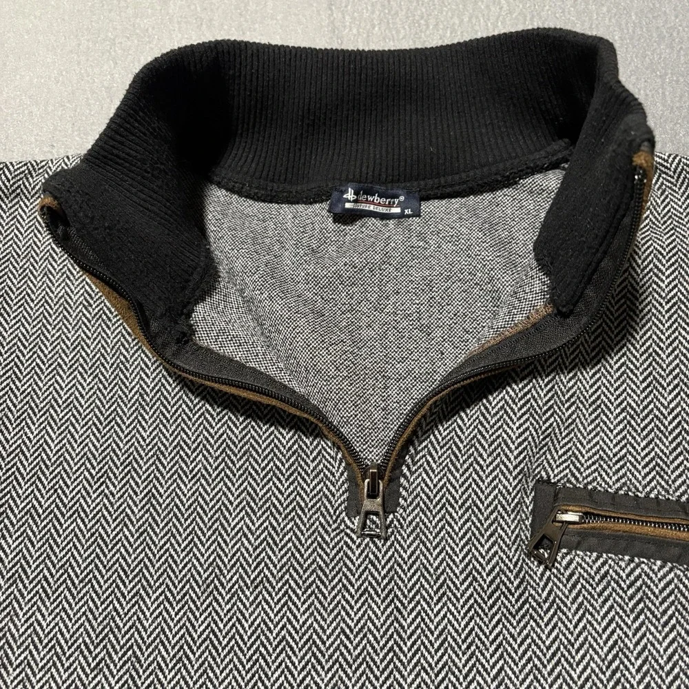 Dewberry Quarter Zip Sweater Mens XL Gray Herringbone Suede Mock‎ Neck Pullover